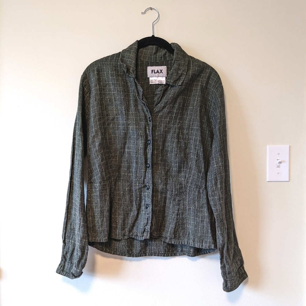 Flax 100% linen button down shirt jacket size S in green grid pattern